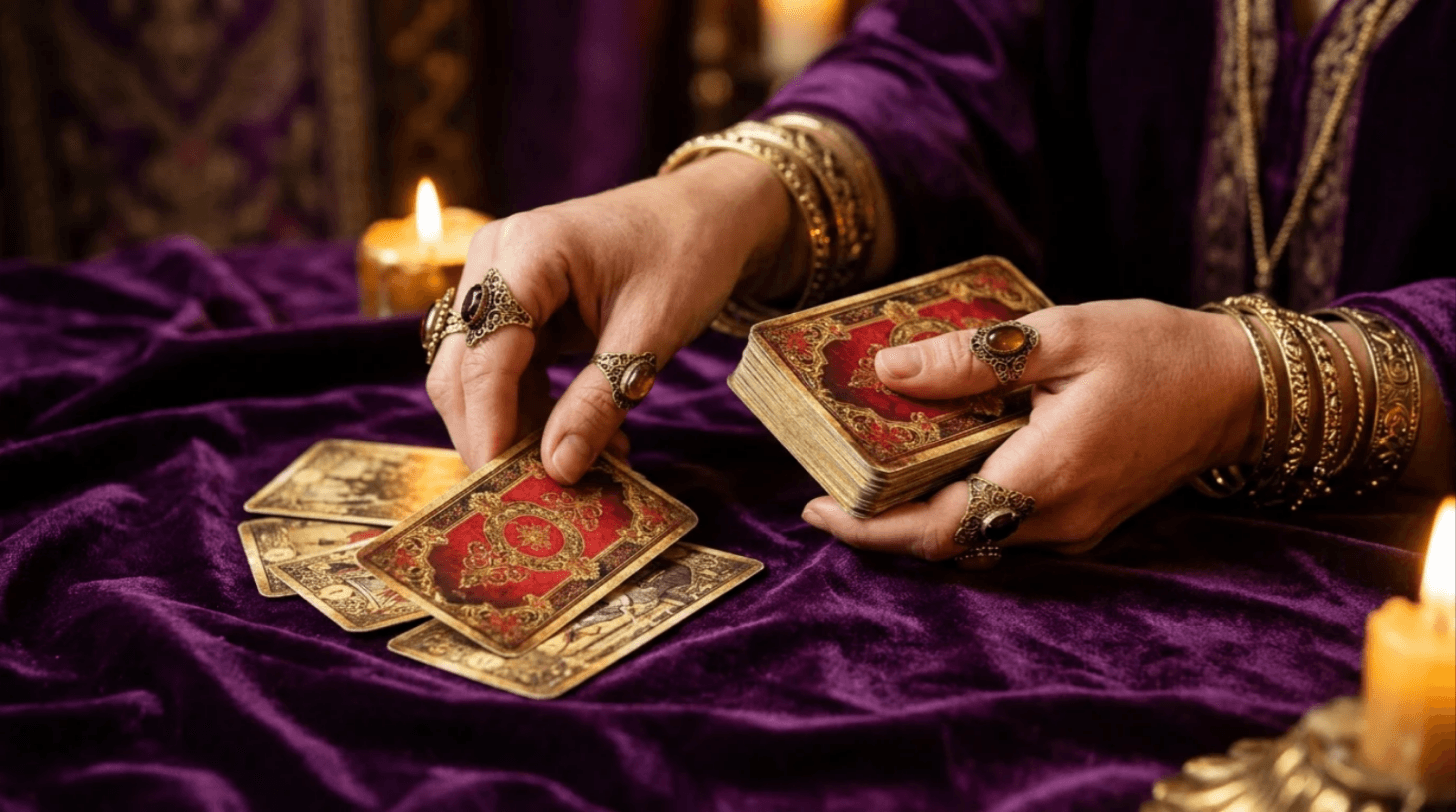 Mãos com anéis e pulseiras douradas abrindo cartas de um baralho cigano sobre veludo roxo