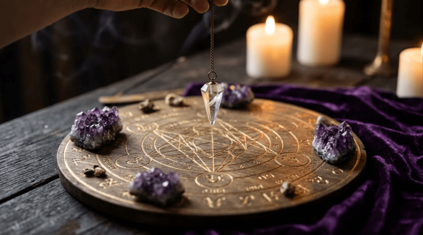 Mesa radiônica de madeira com gráficos dourados, pêndulo de cristal e ametistas