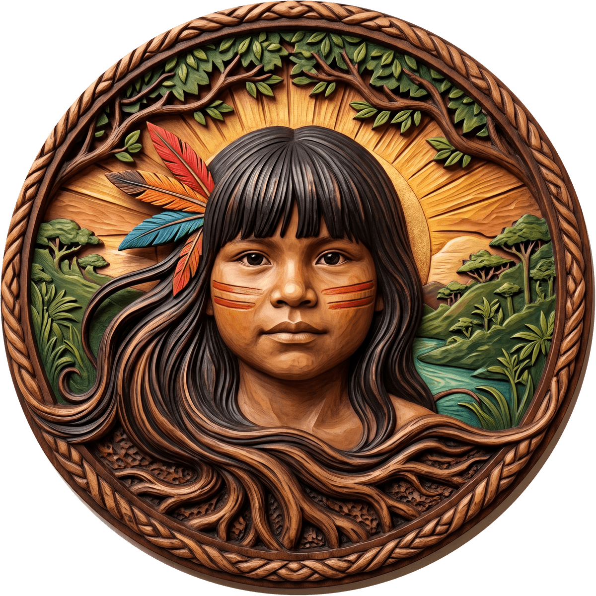 Medalhão de madeira entalhada e pintada: uma menina indígena de franja e cabelo longo, com penas de arara e pintura de urucum no rosto, diante do sol e da mata; o cabelo vira raízes