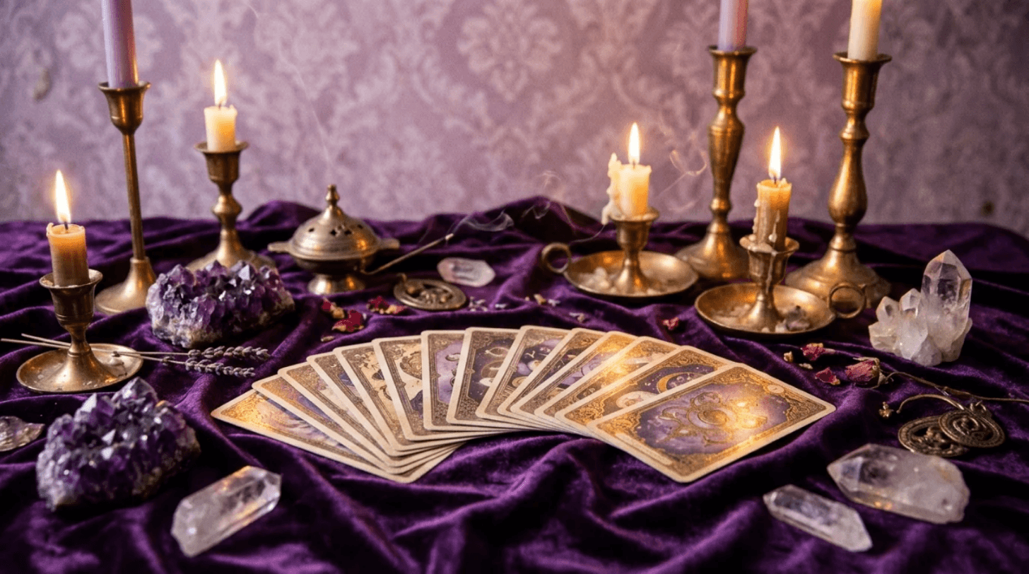 Cartas de tarô abertas em leque sobre veludo roxo, entre velas acesas e cristais
